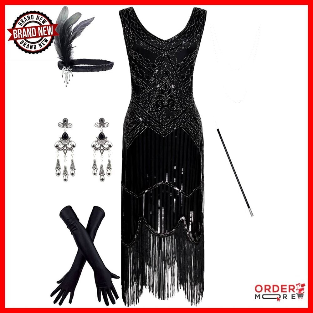 Vintage 1920s Sequin Beaded Flapper Dress with Tassels Medium